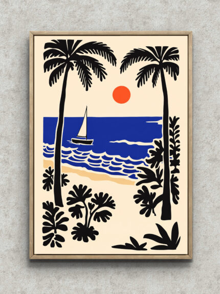 黒いヤシ越しに青い海と帆船、夕日を描いたトロピカル風景アート フレーム設置イメージ