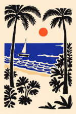 黒いヤシ越しに青い海と帆船、夕日を描いたトロピカル風景アート