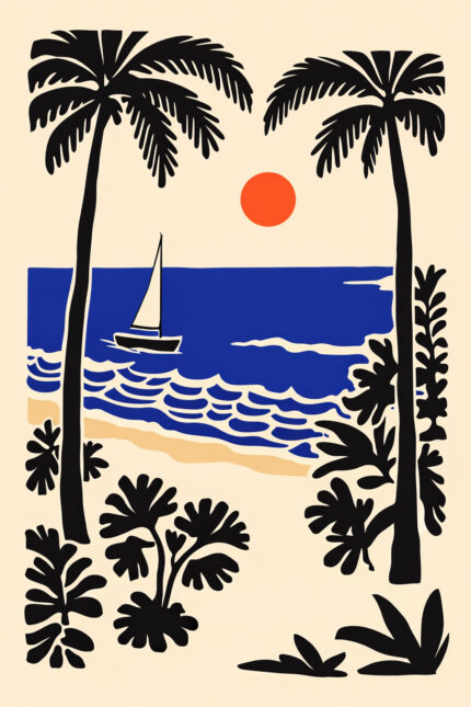 黒いヤシ越しに青い海と帆船、夕日を描いたトロピカル風景アート
