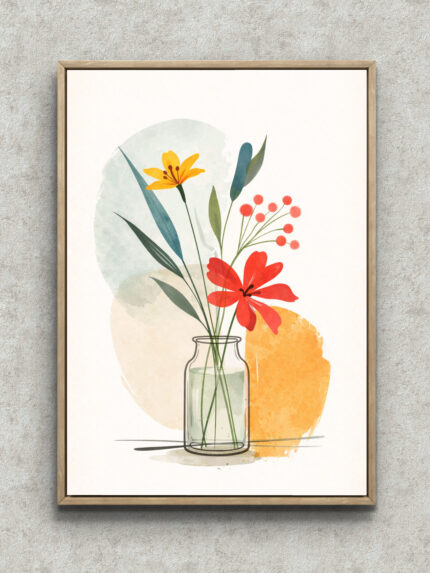 ガラス瓶に生けた赤や黄色の花と青緑の葉を水彩タッチで描いた北欧インテリアアート フレーム設置イメージ