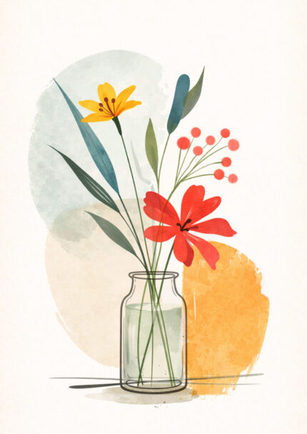 ガラス瓶に生けた赤や黄色の花と青緑の葉を水彩タッチで描いた北欧インテリアアート