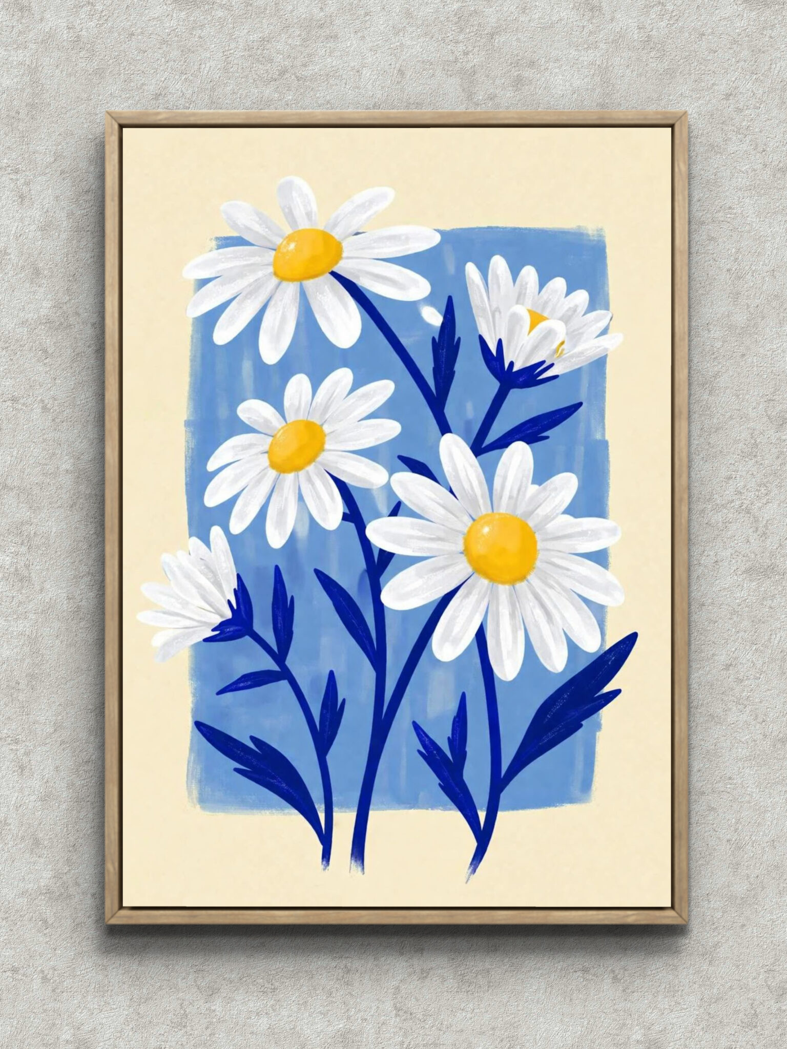 nordic-minimal-abstract-canvas-art-white-daisy-blue-flower-main-1-ma-10066.jpg 青い背景に白いマーガレットが重なるホワイトデイジーアート フレーム設置イメージ