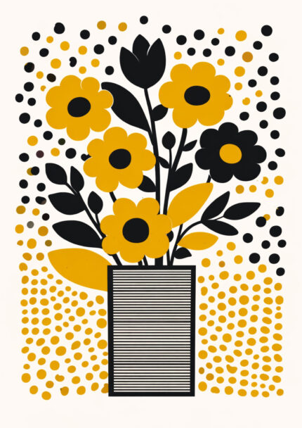 黒とマスタードイエローの花を柄のある花瓶に描いたフラワーアート