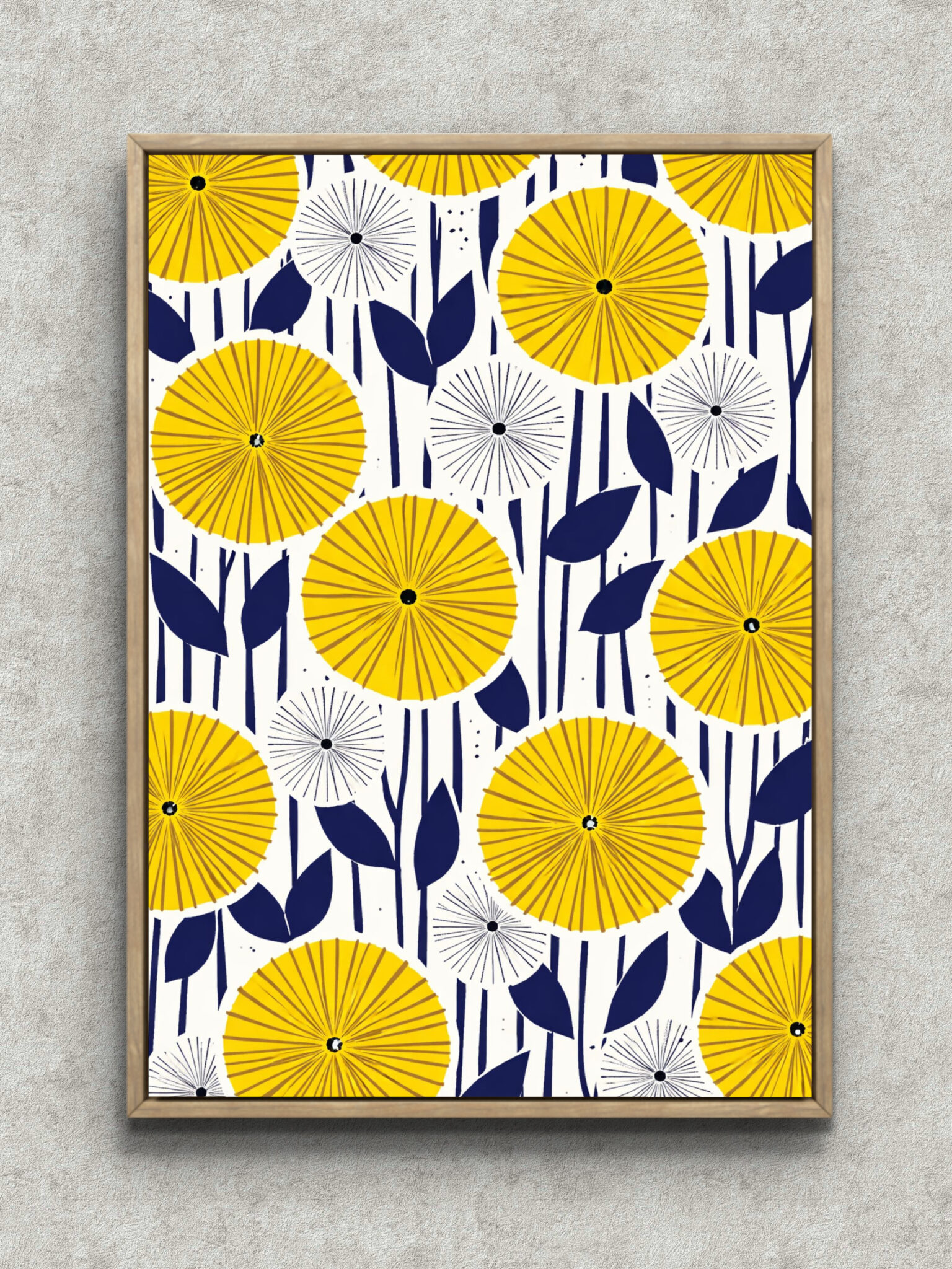 nordic-minimal-abstract-canvas-art-yellow-flower-pattern-main-1-ma-10061.jpg 黄色の花モチーフと濃紺の葉が並ぶ北欧風パターンアート フレーム設置イメージ