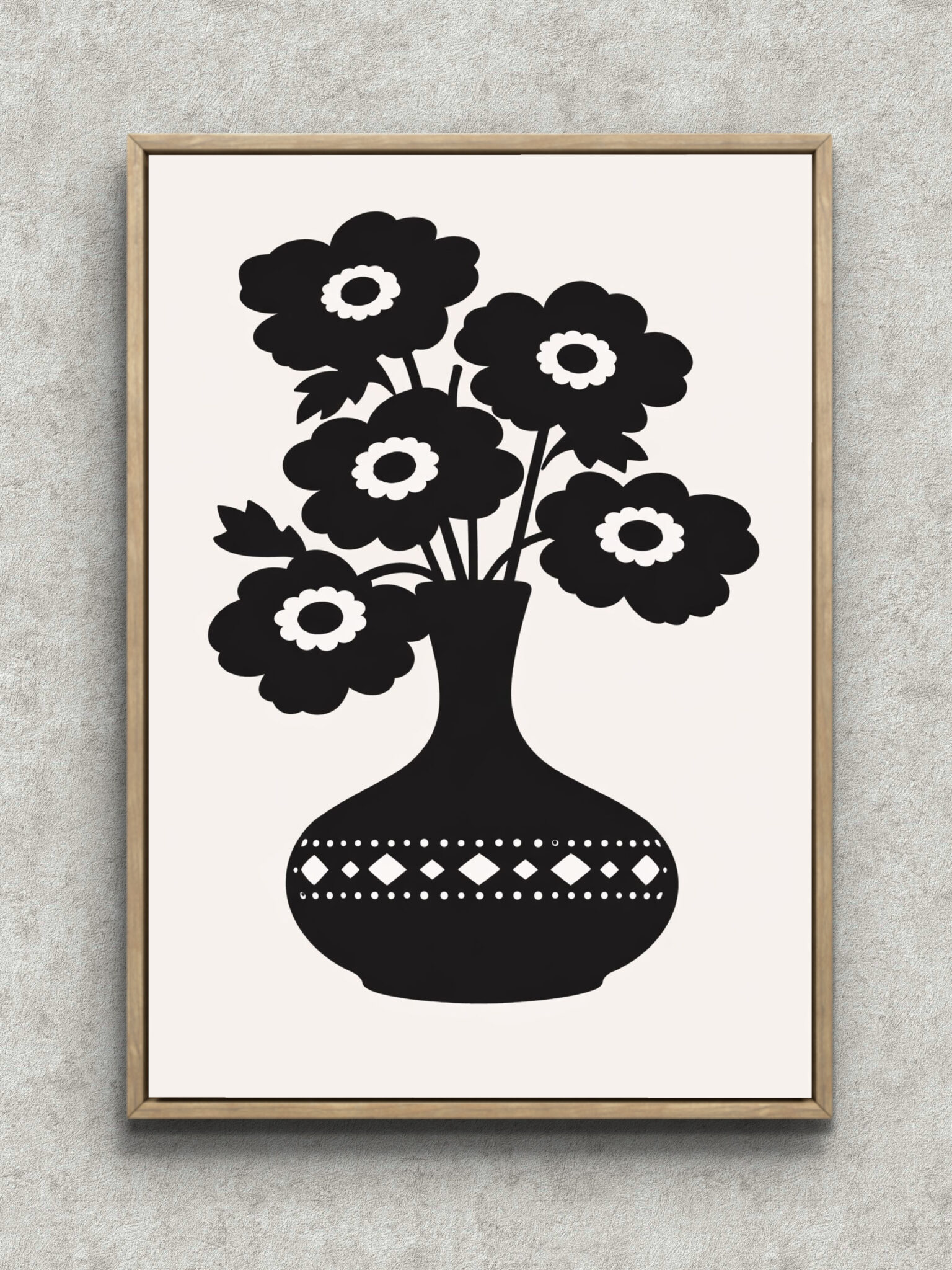 nordic-minimal-flower-canvas-art-monotone-10045-main-1-ma-10045.jpg 黒い花束と装飾花瓶を描いたモノトーンのミニマルアート フレーム設置イメージ