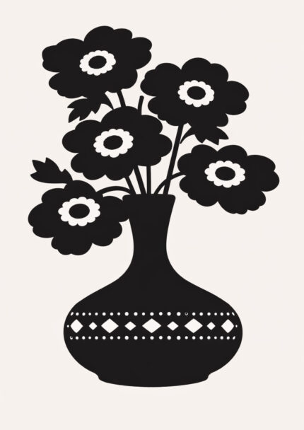 黒い花束と装飾花瓶を描いたモノトーンのミニマルアート