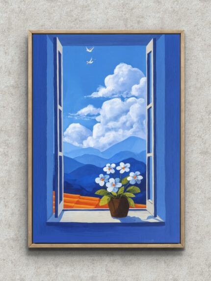 開いた窓の向こうに青空と雲、白い花の鉢植えを描いたブルー 風景アートパネル フレーム設置イメージ