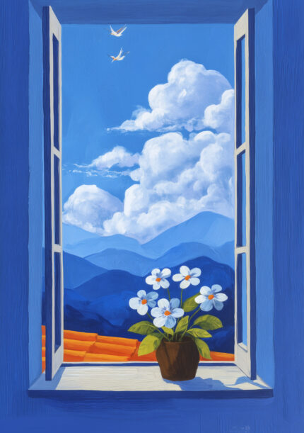 開いた窓の向こうに青空と雲、白い花の鉢植えを描いたブルー 風景アートパネル