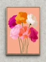 ピーチ色の背景にオレンジとマゼンタの花束を描いたフラワーアートパネル フレーム設置イメージ