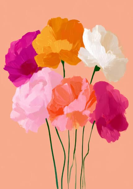 ピーチ色の背景にオレンジとマゼンタの花束を描いたフラワーアートパネル