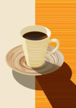 オレンジのコーヒーカップと横縞背景を描いた抽象アートパネル