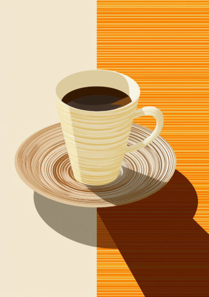 オレンジのコーヒーカップと横縞背景を描いた抽象アートパネル
