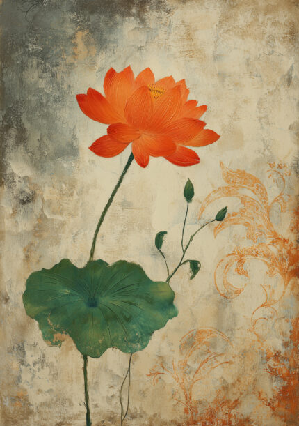 オレンジの花と深緑の葉を描いた装飾的な抽象アートパネル