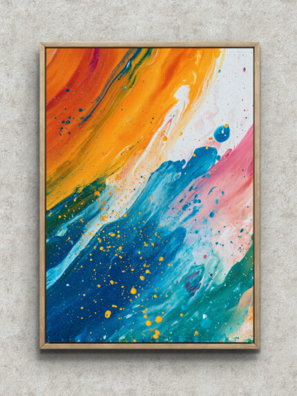 斜めに流れるオレンジと青の色彩が印象的なオレンジ フラワーアートパネル フレーム設置イメージ