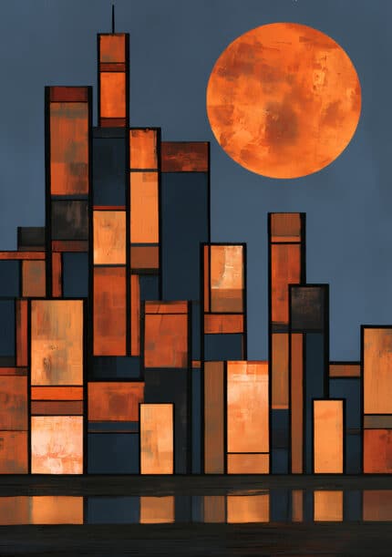 青灰色の空に橙の月と矩形の街並みを描いたモダン リビング 抽象アートパネル