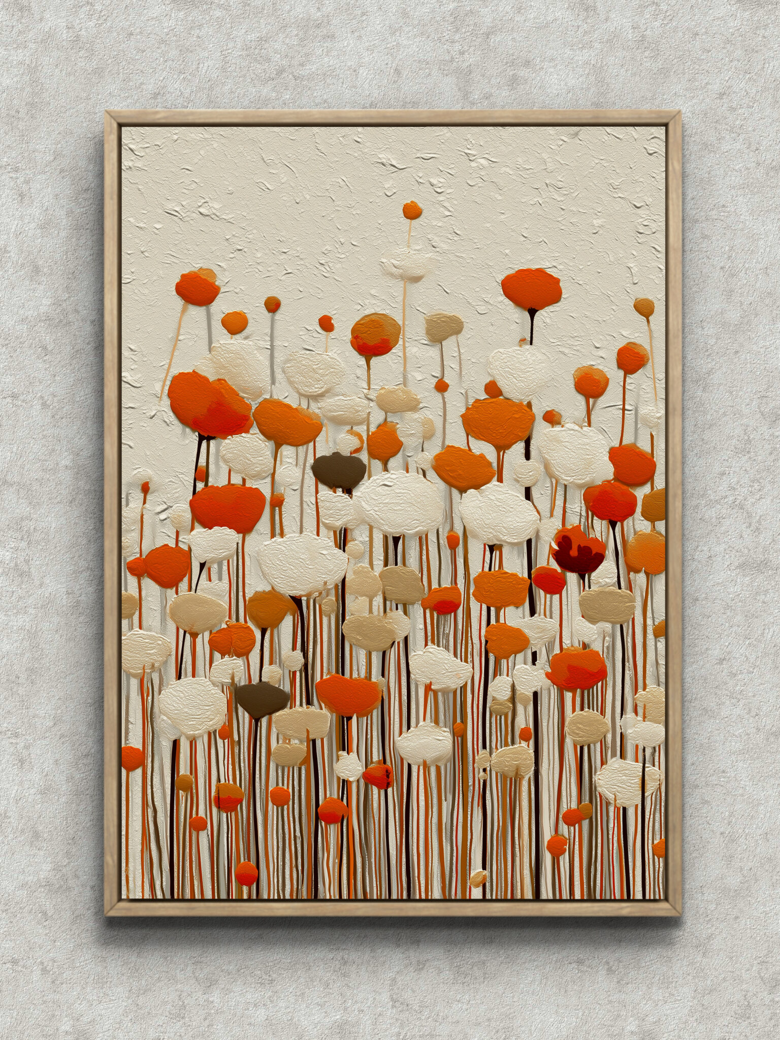 orange-round-motif-abstract-art-panel-main-1-ma-10294.jpg オレンジと白の丸いモチーフが細い茎のように立ち上がる抽象アートパネル フレーム設置イメージ