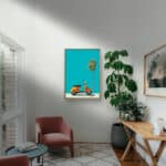 リビングに飾ったオレンジのスクーターと夏空の風景アートパネル 設置イメージ 3