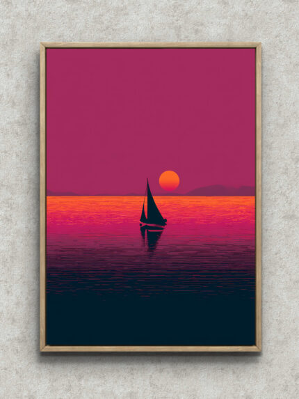 夕焼けの海に帆船と反射を描いたオレンジの風景アートパネル フレーム設置イメージ