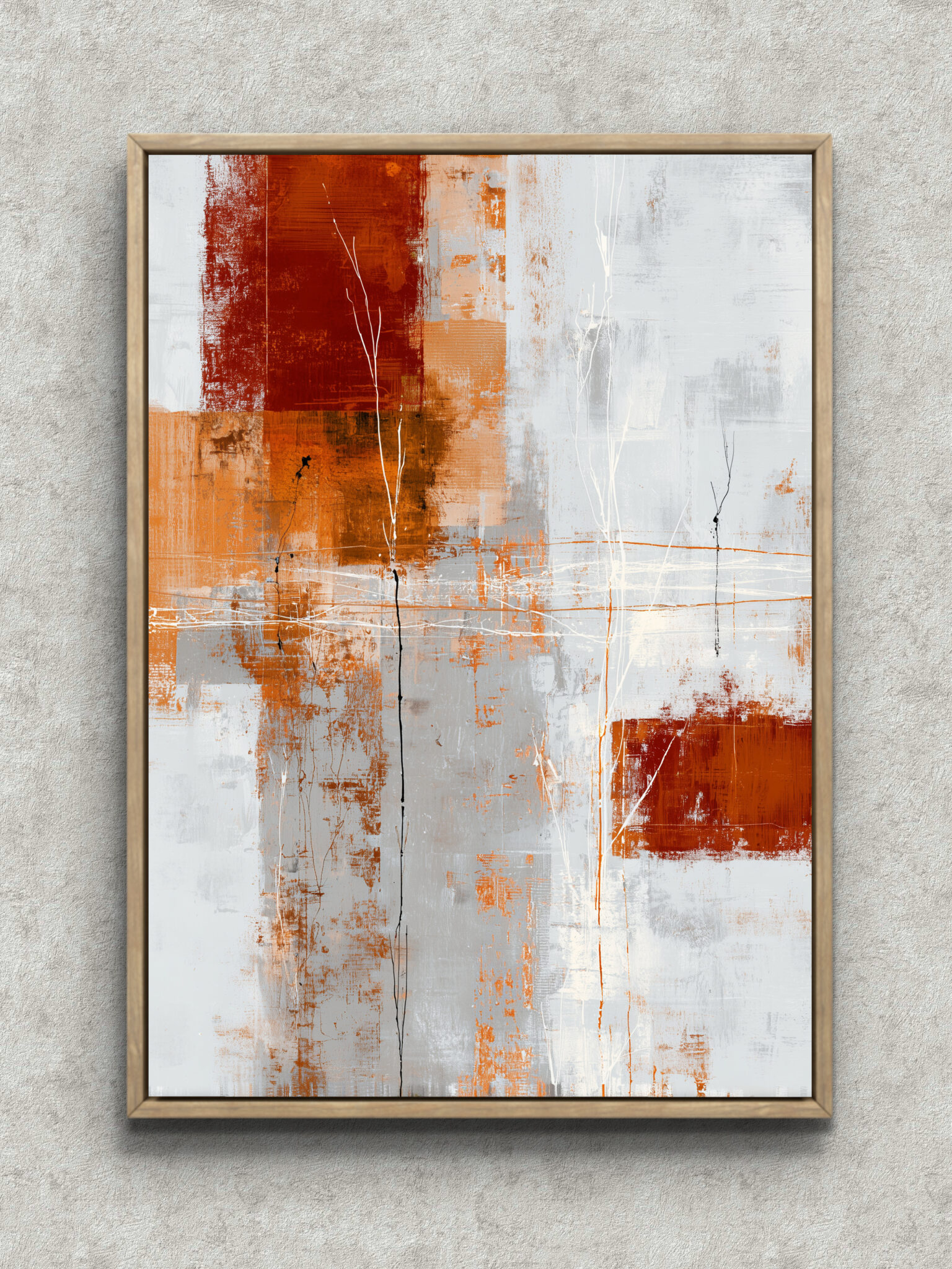 orange-white-linear-abstract-art-main-1-ma-10191.jpg オレンジと白の色面に細い線が走る縦構図の抽象アート フレーム設置イメージ