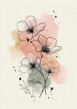 淡い水彩背景に黒線の花を重ねたフラワーアート
