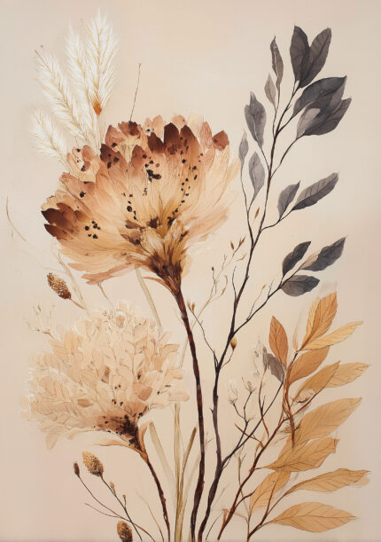 淡いベージュ地に花と葉を束ねたボタニカルアート