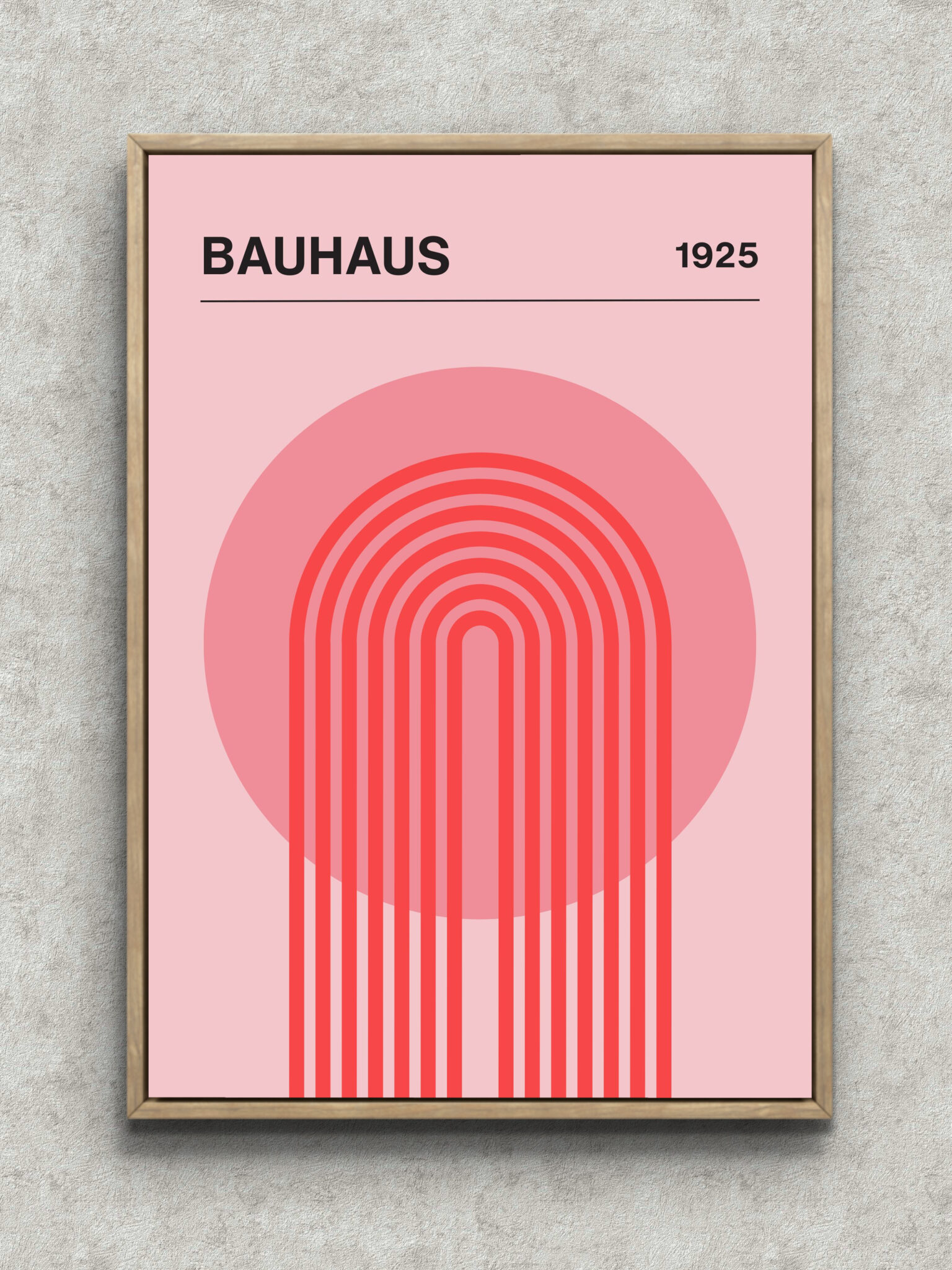 pink-bauhaus-arch-minimal-art-main-1-ma-10160.jpg 淡いピンク地に赤いアーチの反復線と円、BAUHAUSの文字を配した幾何学アートパネル フレーム設置イメージ