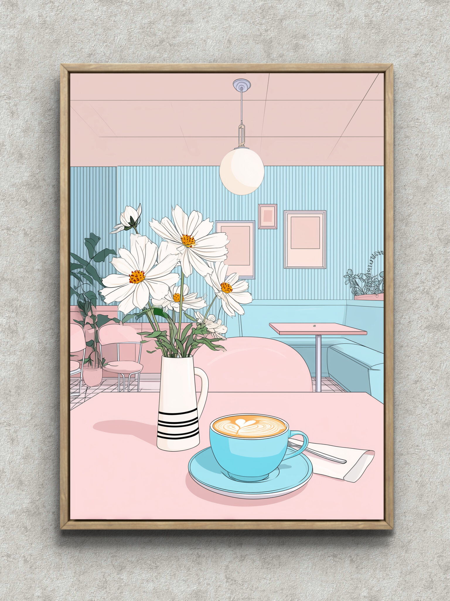 pink-cosmos-latte-abstract-art-panel-main-1-ma-10338.jpg コスモスとカフェラテを淡いピンクと水色で描いたピンク 抽象アートパネル フレーム設置イメージ