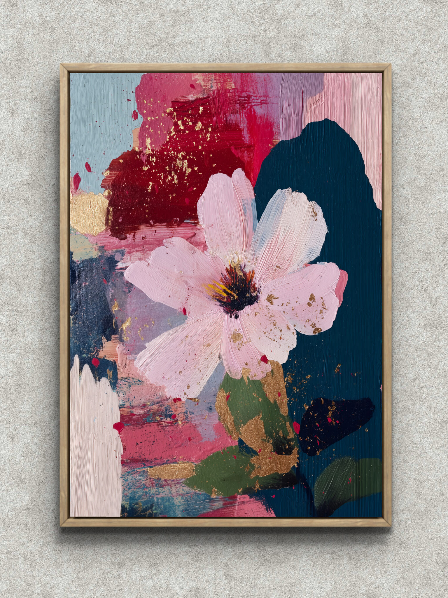 pink-floral-modern-art-panel-main-1-ma-10292.jpg 淡いピンクの花びらと深いネイビーが重なるピンク フラワーアートパネル フレーム設置イメージ