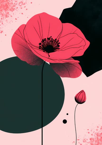 ピンクの花とつぼみを黒と深緑で引き立てたミニマル ピンク フラワーアートパネル