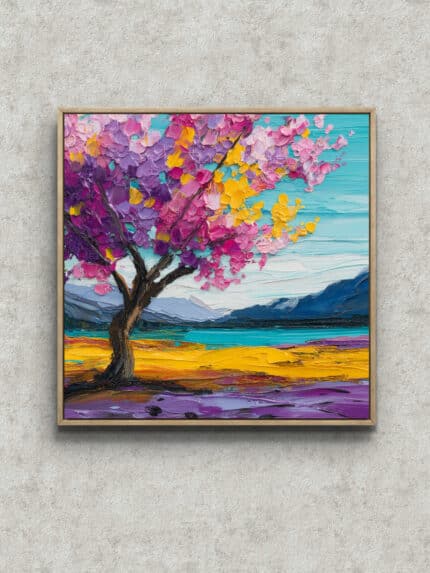 厚塗りの花木と青い湖、山並みを描いたピンク フラワーアートパネル フレーム設置イメージ