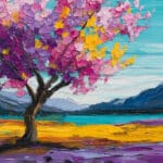 厚塗りの花木と青い湖、山並みを描いたピンク フラワーアートパネル