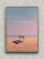 海辺のベンチと長い影を淡いピンクで描いた風景アートパネル フレーム設置イメージ