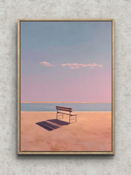 海辺のベンチと長い影を淡いピンクで描いた風景アートパネル フレーム設置イメージ