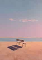 海辺のベンチと長い影を淡いピンクで描いた風景アートパネル