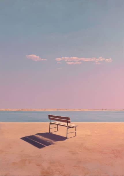 海辺のベンチと長い影を淡いピンクで描いた風景アートパネル