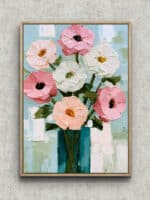 淡いピンクと白の花束を青みの花瓶に生けたフラワーアートパネル フレーム設置イメージ
