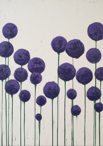 紫の丸い花と細い茎を描いた余白の美しいフラワーアートパネル