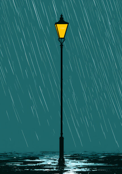 雨の街灯と青緑の水面を描いた縦構図のミニマルアートパネル