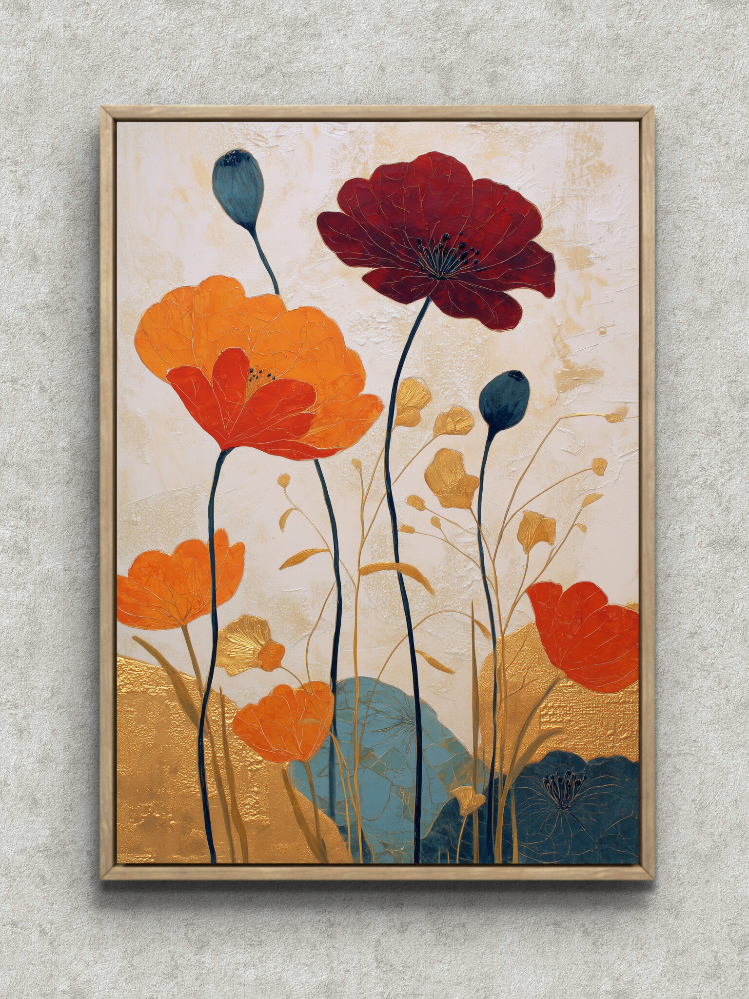 red-floral-gold-vertical-art-panel-main-1-ma-10318.jpg 赤と橙の大ぶりの花に金色の余韻を重ねた縦構図のフラワーアートパネル フレーム設置イメージ