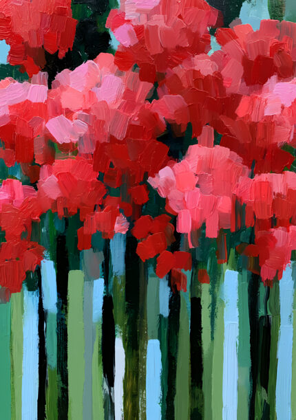赤とピンクの花が重なって咲く縦構図のレッド フラワーアートパネル