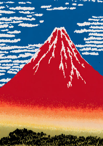 赤富士を中央に描いた版画調のレッド 風景アートパネル