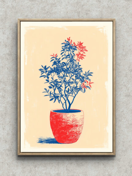 赤い植木鉢と青い葉を描いた版画調のボタニカルアート フレーム設置イメージ