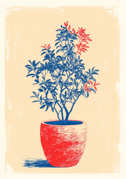 赤い植木鉢と青い葉を描いた版画調のボタニカルアート