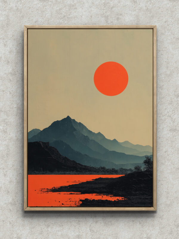 水辺 風景アート｜赤い太陽と水辺