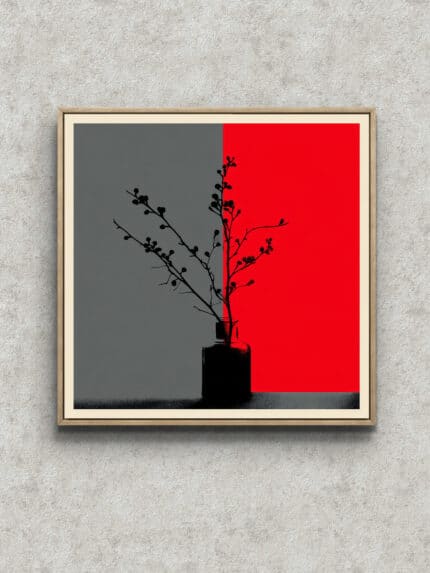 赤とグレーの背景に黒い花瓶と枝ものを描いたモダン アートパネル フレーム設置イメージ