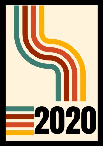2020の数字と曲線ラインを描いたレトロポップな抽象アート