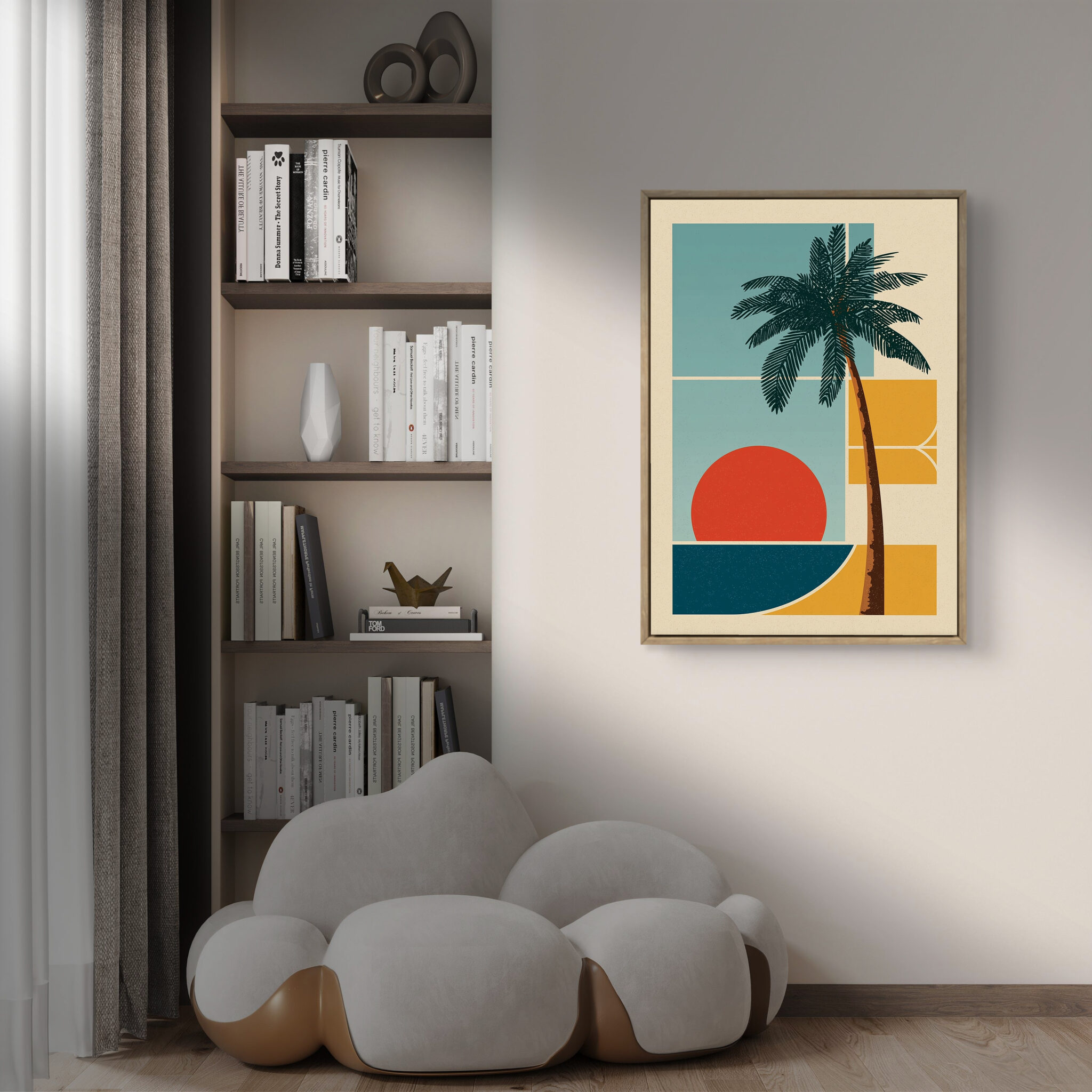 リビングに飾ったヤシの木と夕日モチーフの縦型アート 設置イメージ 1