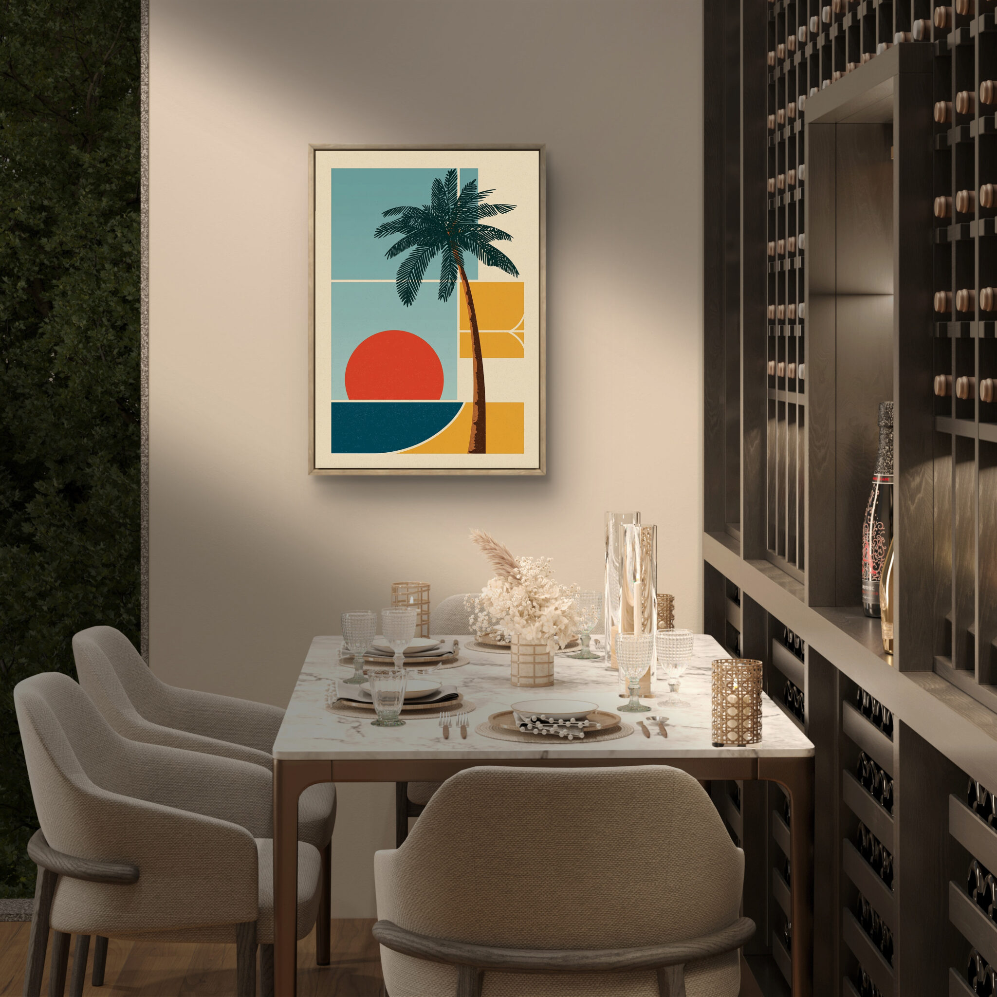 リビングに飾ったヤシの木と夕日モチーフの縦型アート 設置イメージ 2