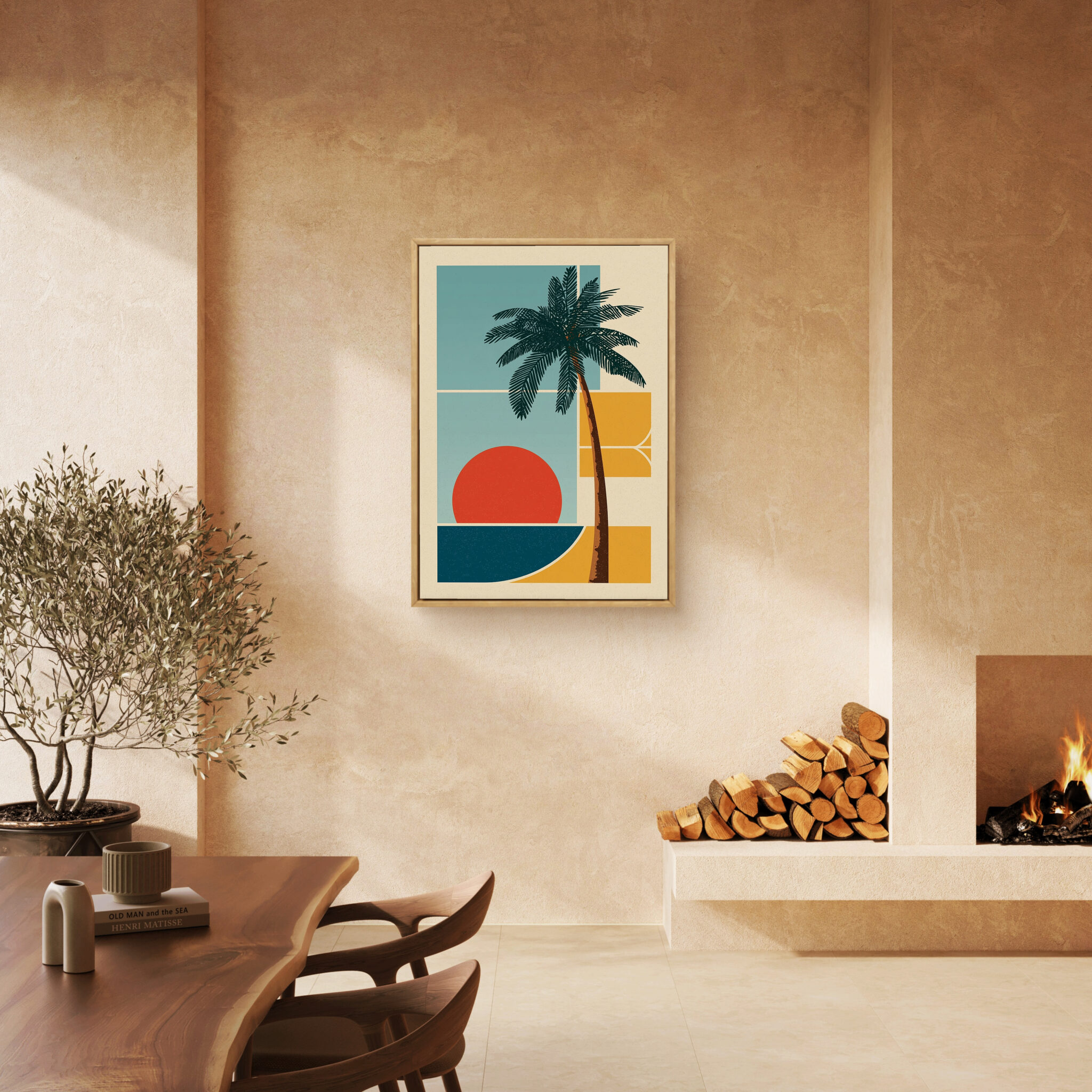リビングに飾ったヤシの木と夕日モチーフの縦型アート 設置イメージ 3