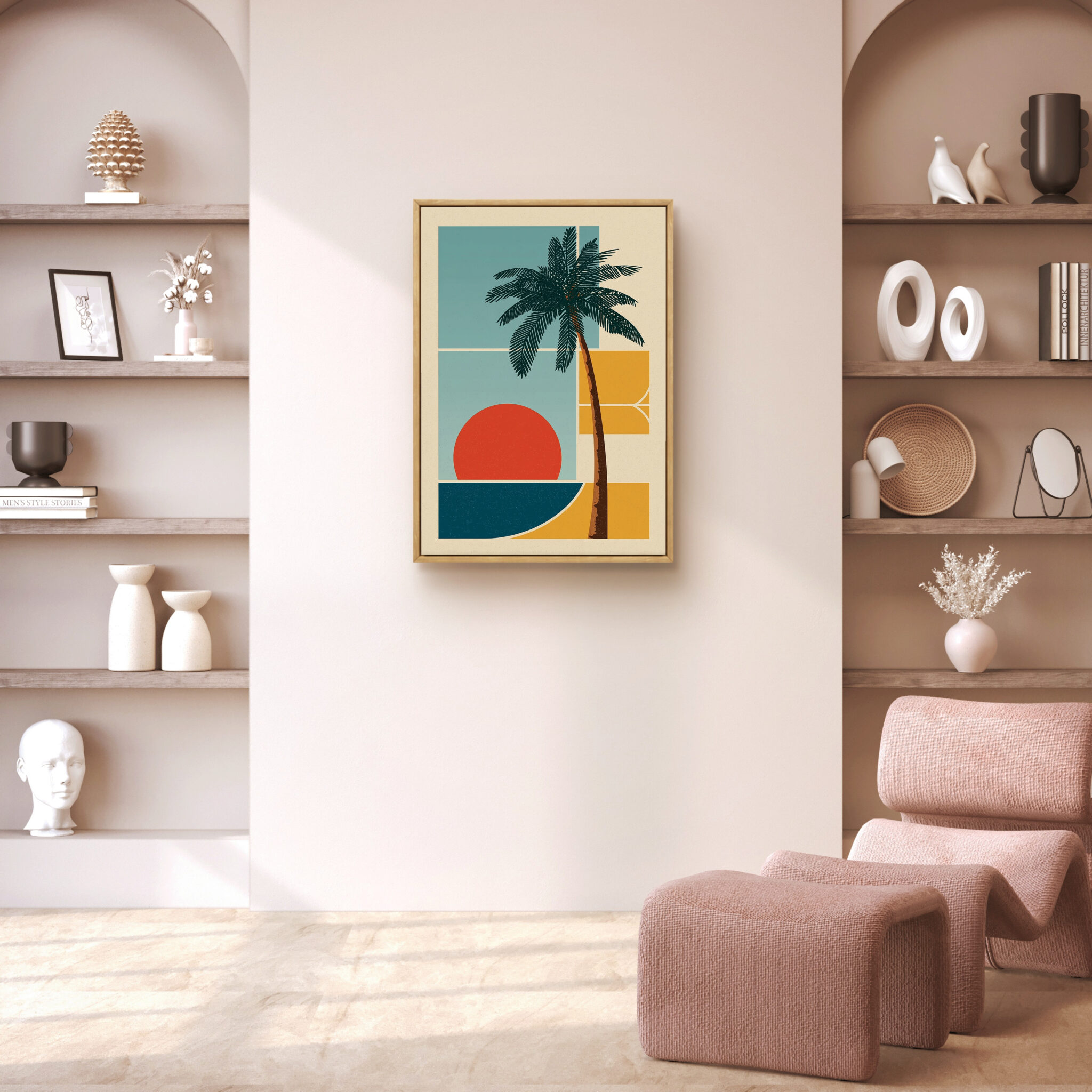 リビングに飾ったヤシの木と夕日モチーフの縦型アート 設置イメージ 4